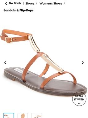 Steve Madden Cognac Leather T-Strap Sandals with Gold Accents